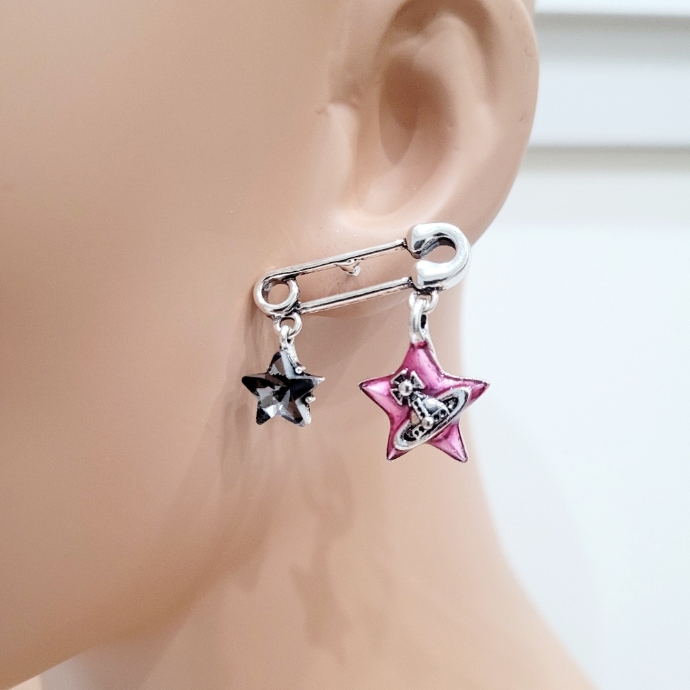 Brand New Silver Tone Safety Pin Style Pink Star Earrings - Picture 2 of 8